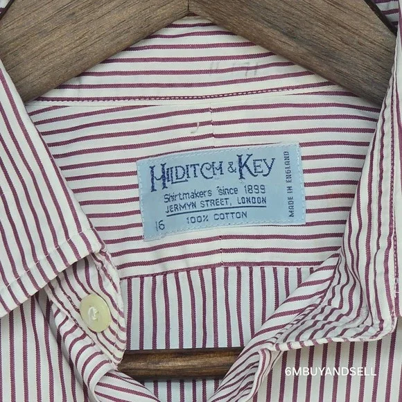 Hilditch & Key Mens Dress Shirt 16 Burgundy White Stripe French Cuff England - Picture 3 of 13